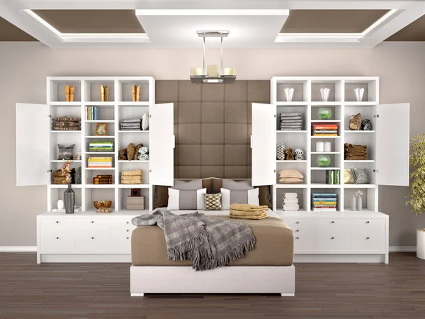 Hálószoba design, a nyílt és fehér szekrények. 3D-s illusztráció — Stock Fotó