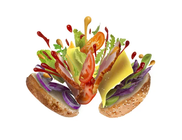 Сэндвич с летающими ингредиентами изолирован — стоковое фото