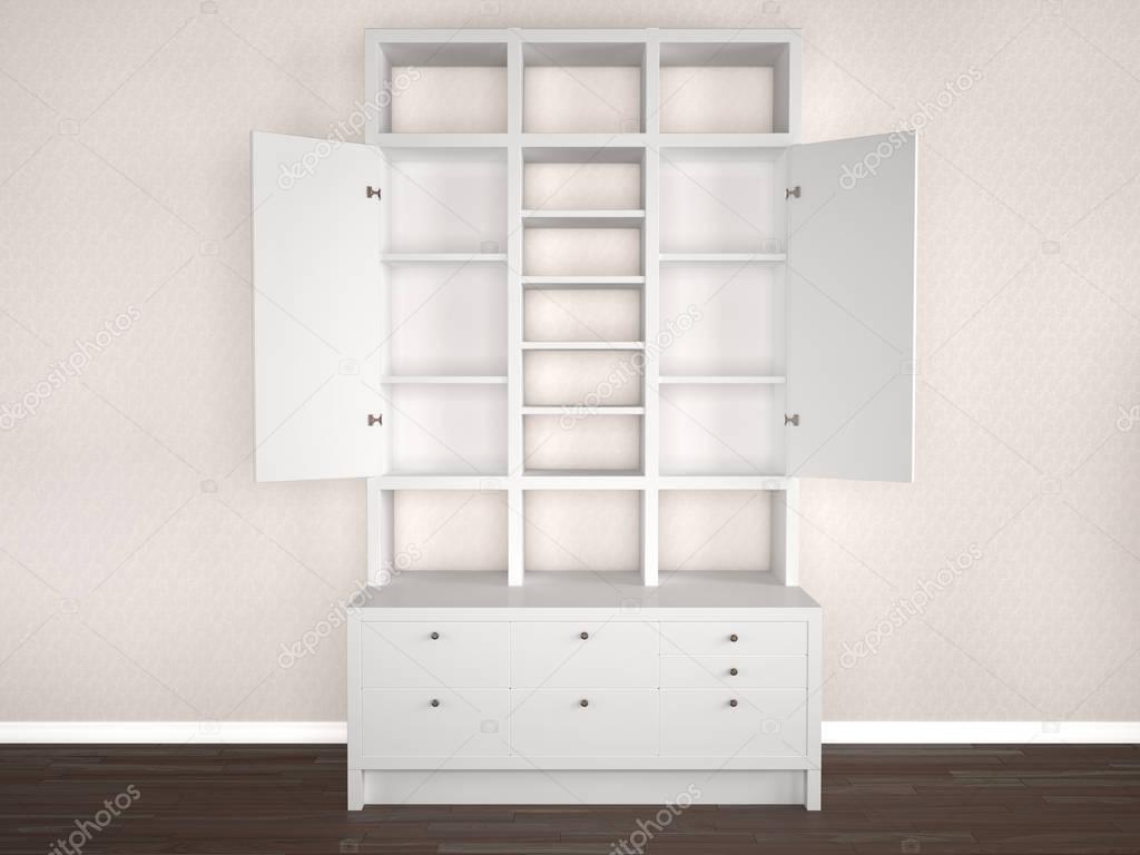 White bedroom cupboard with open doors. 3d illustration