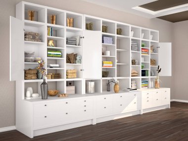 Beyaz dolapları ile farklı içerik öğeleri açın. 3D illustratio