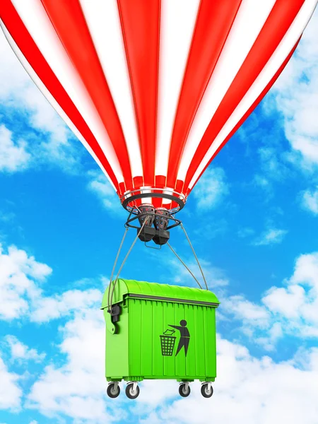 Dumpster flying in a hot air balloon in the sky. Eco. 3D illustr — Stock Photo, Image