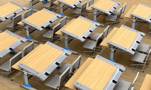 Scrivanie in classe sullo sfondo del parquet. Illustri 3D — Foto Stock