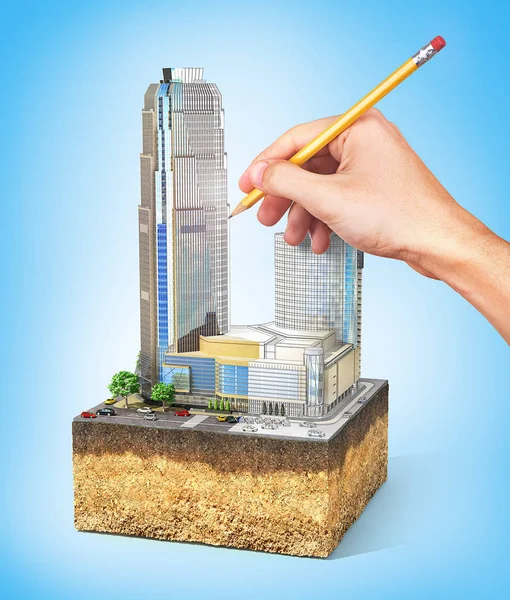 Város koncepció. Üzleti felhőkarcolók kézzel, infrastr — Stock Fotó