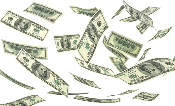 Падение денег на белом фоне. Дождь на доллары. 3D-иллюстрации — стоковое фото