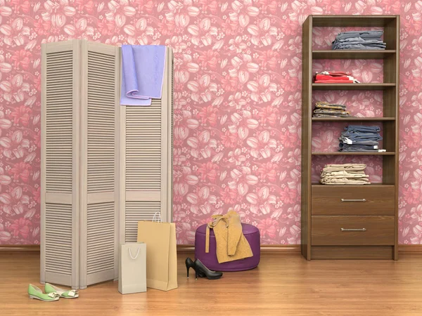 Raum mit Klappschirm, Schrank, Schachteln und Schuhen, 3D-Illustration — Stockfoto