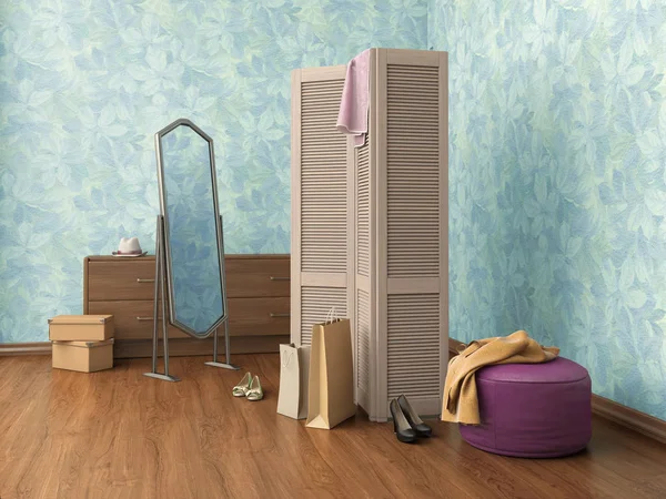 Комната с зеркалом, одежда, шкаф, коробки и обувь, 3d illustr — стоковое фото