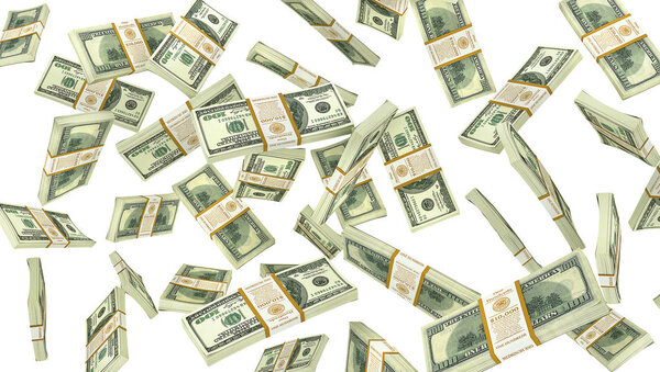 Falling money on a white background. Dollars rain. 3d illustrati