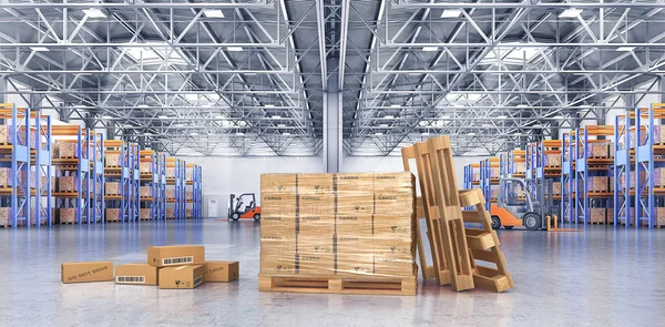 Concept of warehouse. The cardboard boxes on the big warehouse b — Stock Photo, Image