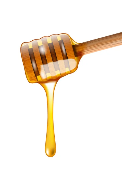 Miel goteando de un tarro de miel de madera sobre fondo blanco — Vector de stock