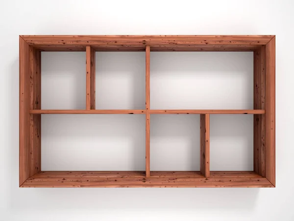 Wooden open shelves with decorative objects. 3d illustration