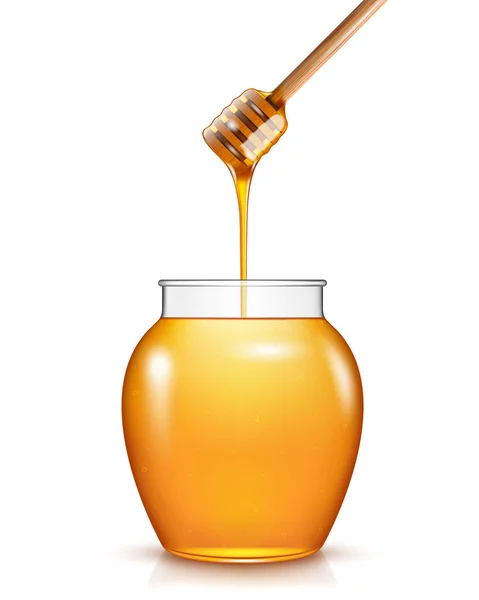 Glass jar of honey with wooden drizzler isolated on white backgr — Stock Vector