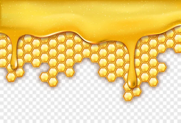 Hintergrund mit Waben, süße Honigtropfen auf transparentem Bac — Stockvektor