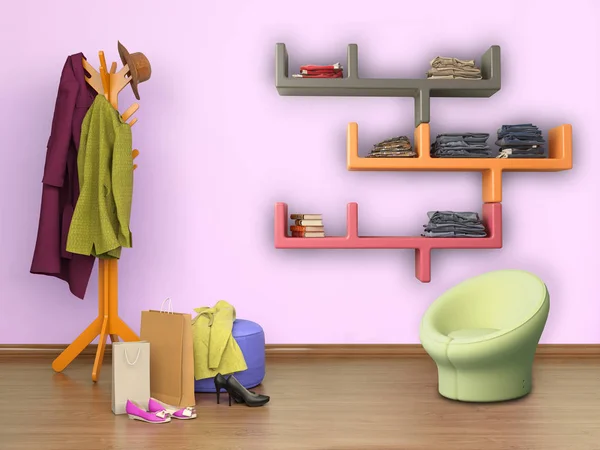 Комната с полками, пол вешалки, обувь, 3D иллюстрация — стоковое фото