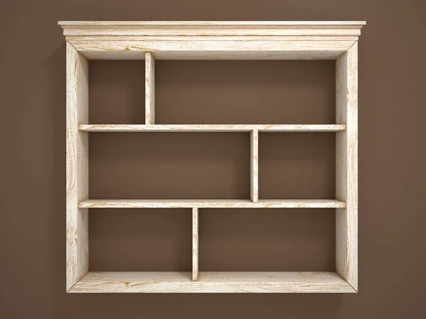 Scaffali aperti in legno su una parete scura. Illustrazione 3d — Foto Stock