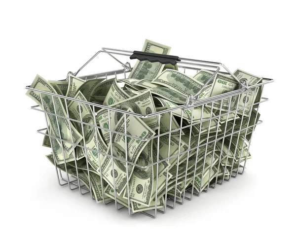 Στοίβα τους λογαριασμούς δολαρίων στο καλάθι αγορών. 3D απεικόνιση — Φωτογραφία Αρχείου