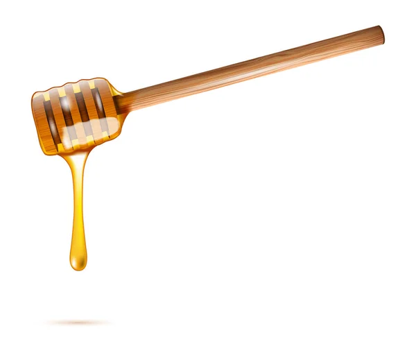 Honey dripping from wooden honey dipper — Stock Vector