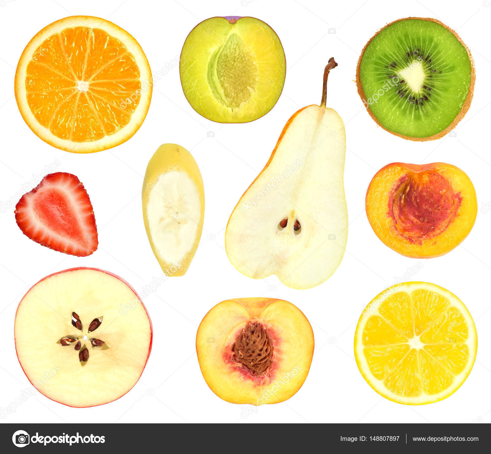 Set of fruit slices isolated on white Stock Photo by ©urfingus