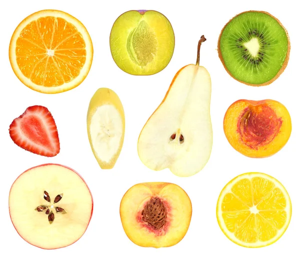 Beyaz izole meyve dilimleri kümesi — Stok fotoğraf
