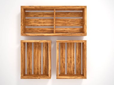 Dekoratif objeler ile ahşap açık raflar. 3D çizim