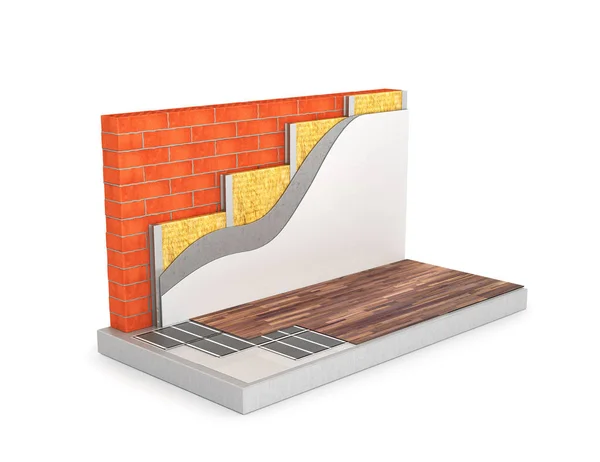 Diagramma di riscaldamento a pavimento, l'isolamento della parete del circuito. illust 3D — Foto Stock