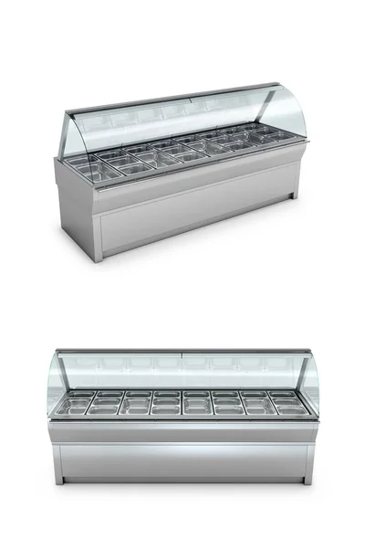 Loja de congelador ou prateleira em um fundo branco. Ilustração 3D . — Fotografia de Stock