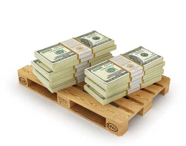 Stapel von Dollarscheinen auf der Holzpalette. 3D-Illustration — Stockfoto