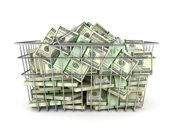 Stapel dollarbiljetten in het winkelmandje. 3D illustratie — Stockfoto