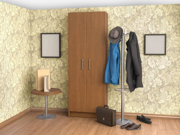 Комната с, висячий пол, обувь, одежда, шкаф, стол, 3d больной — стоковое фото