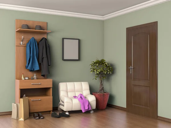 Hall med fåtölj, garderob, kläder, skor, dörr, 3d illustra — Stockfoto