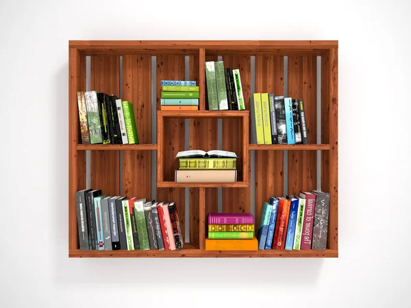 Wooden open shelves with books. 3d illustration