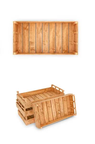 Fából készült dobozok áruk fehér alapon. 3D-s illusztráció — Stock Fotó