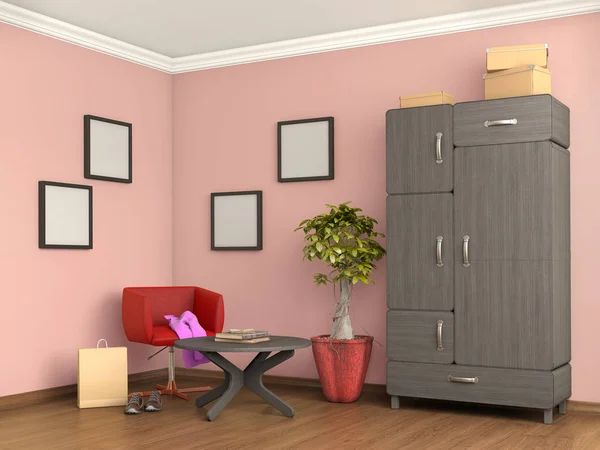 Chambre avec placard, fauteuil, placard, boîtes et chaussures, 3d, illus — Photo