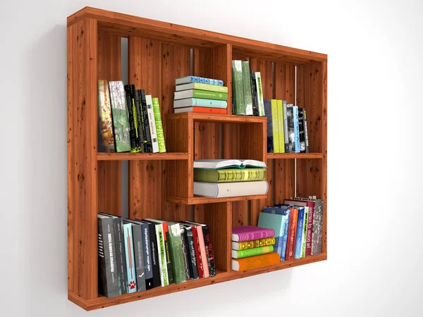 Wooden membuka rak dengan buku. Ilustrasi 3d — Stok Foto