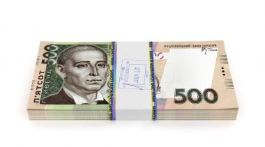 Beyaz arka plan üzerinde izole Ukraynalı hryvnia yeni banknotlar. 3D hasta