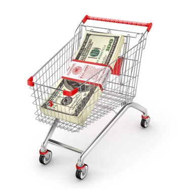 Alışveriş sepeti dolar yığını. Para arabası. 3D illustr