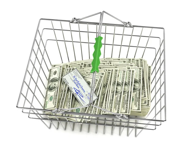 Billetes de dólar en la cesta de la compra. ilustración 3d — Foto de Stock