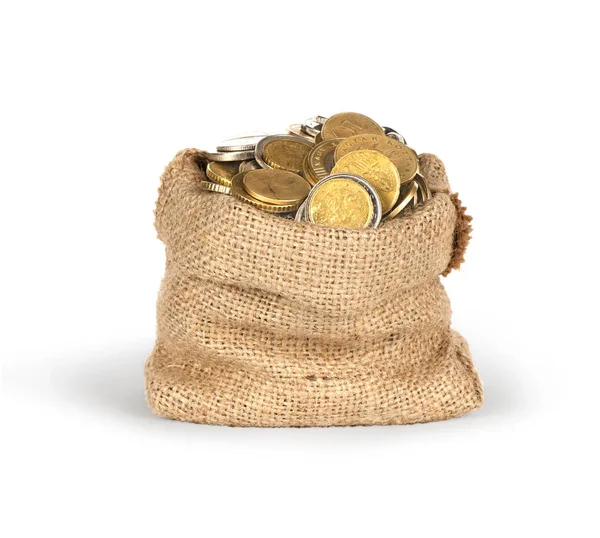 Tasche mit Münzen isoliert auf weißem Hintergrund — Stockfoto