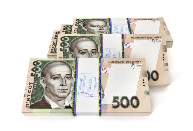 Beyaz arka plan üzerinde izole Ukraynalı hryvnia yeni banknotlar. 3D hasta