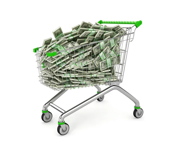 Money Trolley. Shopping cart full of money bills. 3d illustratio — Stock Photo, Image