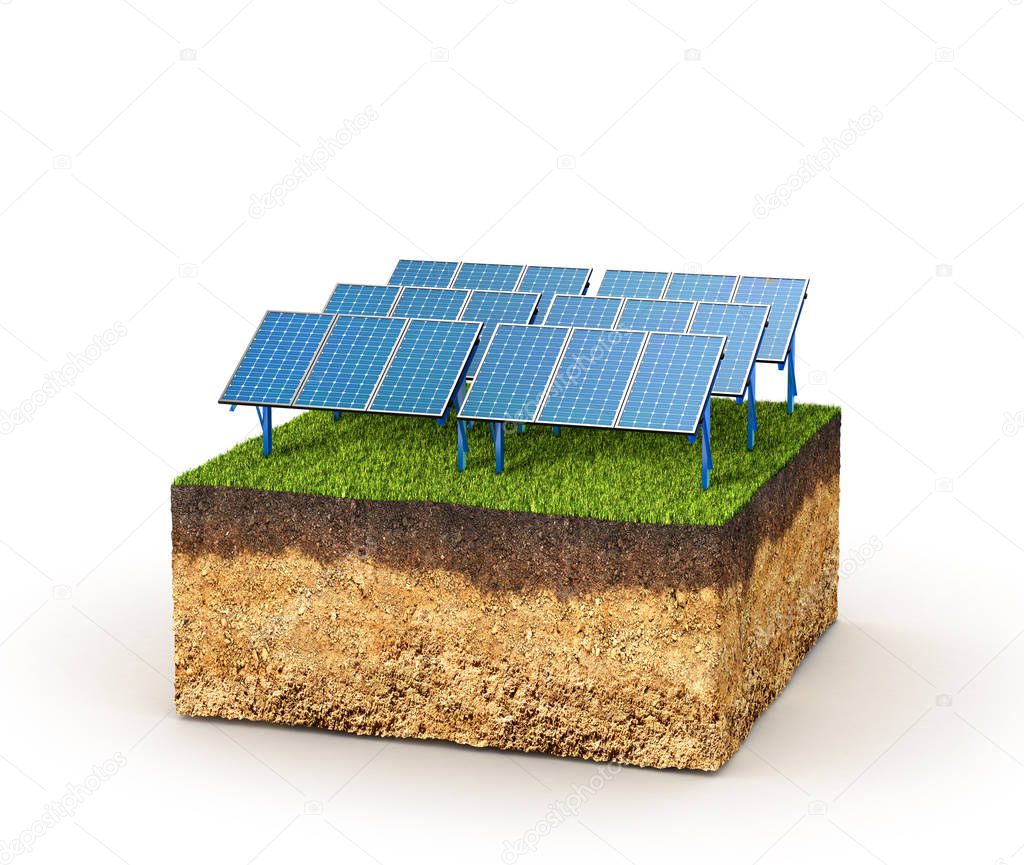 Energy concept. Cross section of ground with solar panels. 3d il