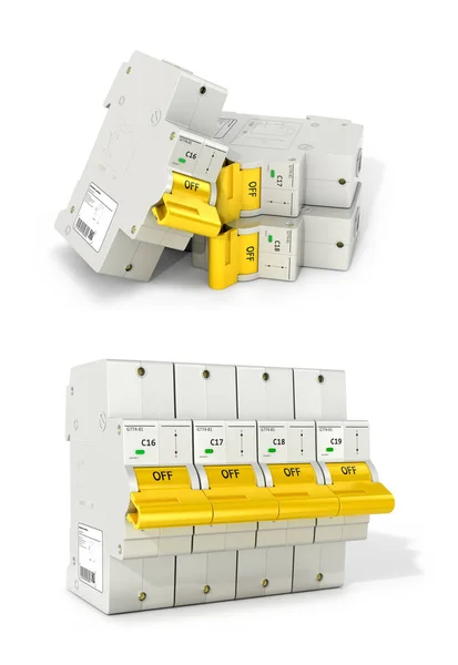 Conmutadores automáticos de electricidad sobre fondo blanco. Ilustración 3D — Foto de Stock