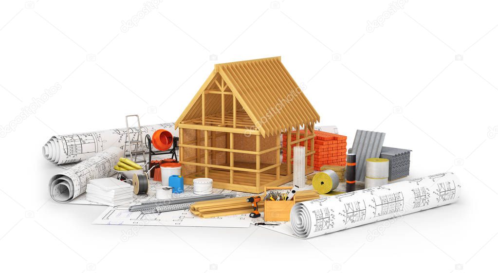 Construction materials, building of a wooden frame placed on the