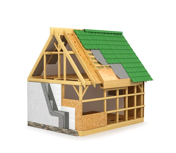 Frame construction home. Insulation of walls and roof isolated o — Stock Photo, Image