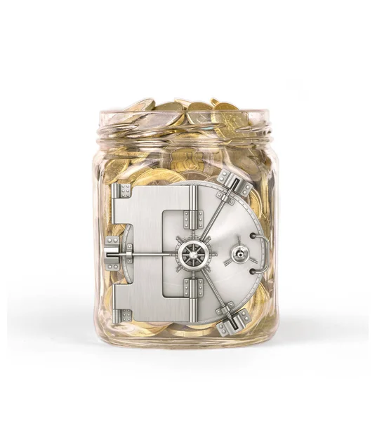 Closed safe doors on a glass jar with coins — Stock Photo, Image