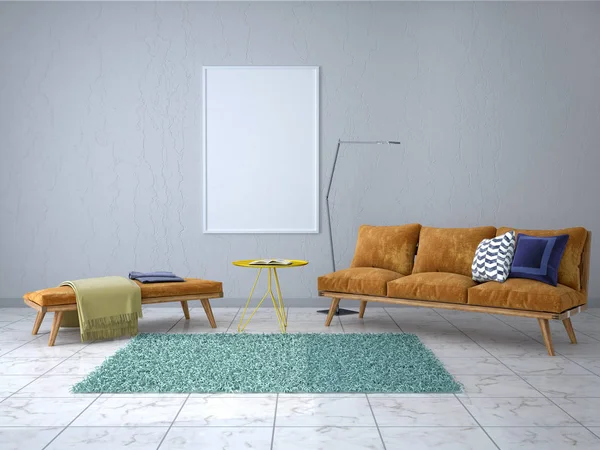 Empty picture on the wall in the modern interior. 3d illustratio