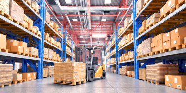 Ambar kavramı. Büyük wareh satırları arasında forklift