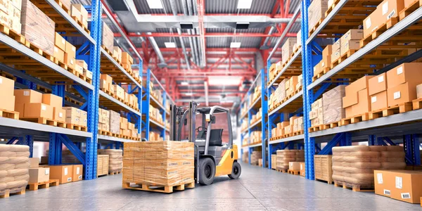 Ambar kavramı. Büyük wareh satırları arasında forklift