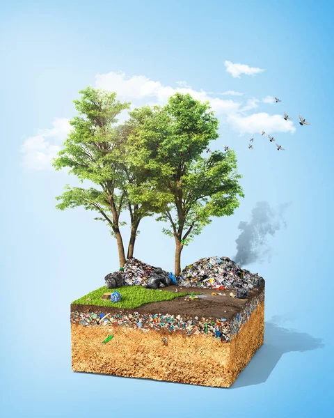 Concept de pollution. Morceau de terre avec arbre et herbe verte — Photo