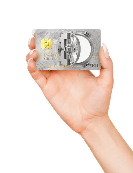 Finance concept. Hand holding a credit card with open safe door. — Stock Photo, Image