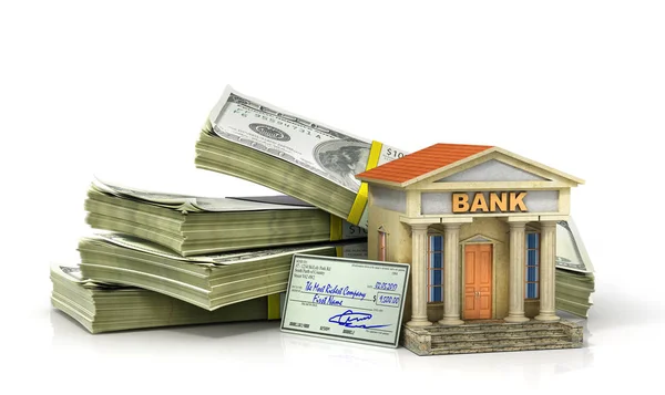 Finanzierungskonzept. Geldstapel mit Bankgebäuden. 3D-Illustration — Stockfoto
